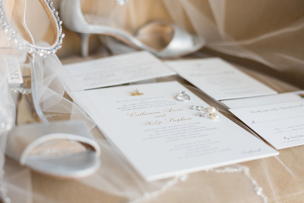 Alpine Creative Group gold and white wedding invitation engagement ring detail from Golden Nugget Jewelers