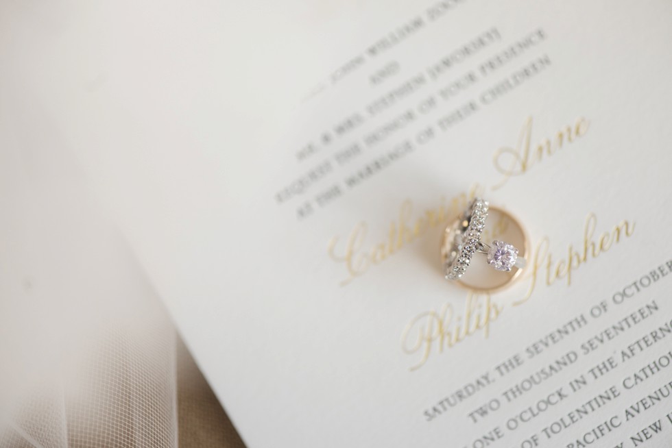 Alpine Creative Group gold and white wedding invitation engagement ring detail from Golden Nugget Jewelers