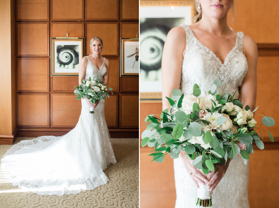 Bride getting in her Allure Bridal dress at Sheraton Hotel Atlantic City New Jersey Green and white flowers from Manic Botanic