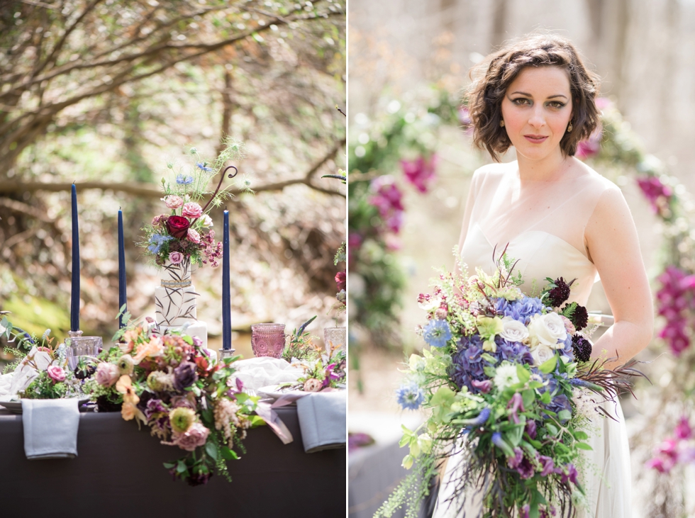 bride holding bouquet by floral art