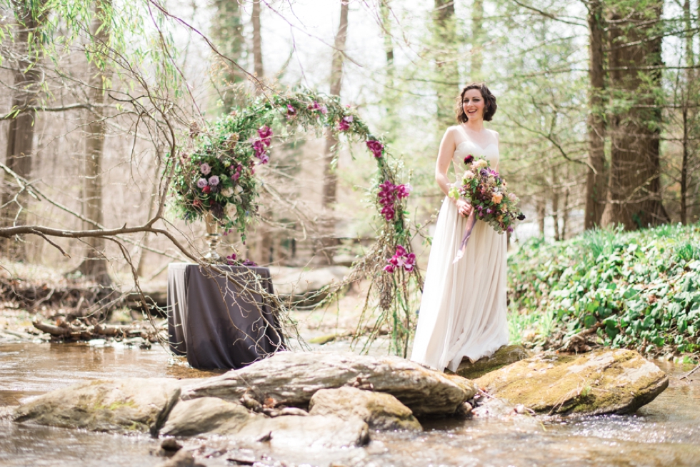 bridal portrait with floral art and bouquet