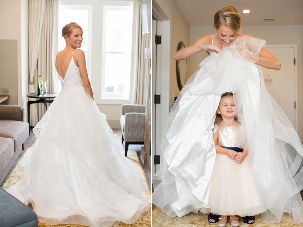 Bride and her mom getting in her wedding dress at The Inn at the Chesapeake Bay Beach Club