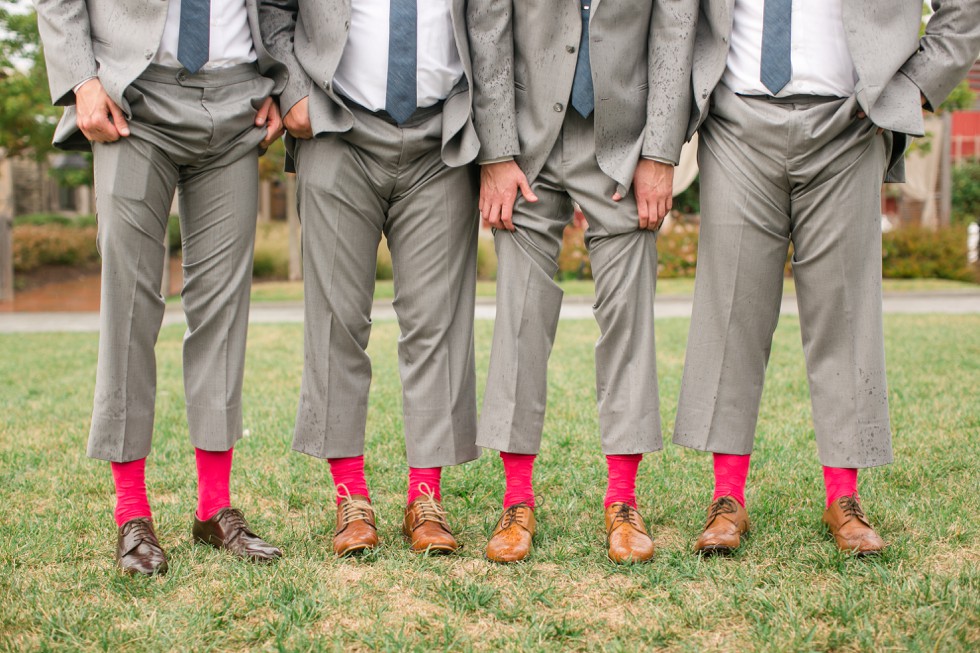 Groom and groomsmen matching bright pink red socks