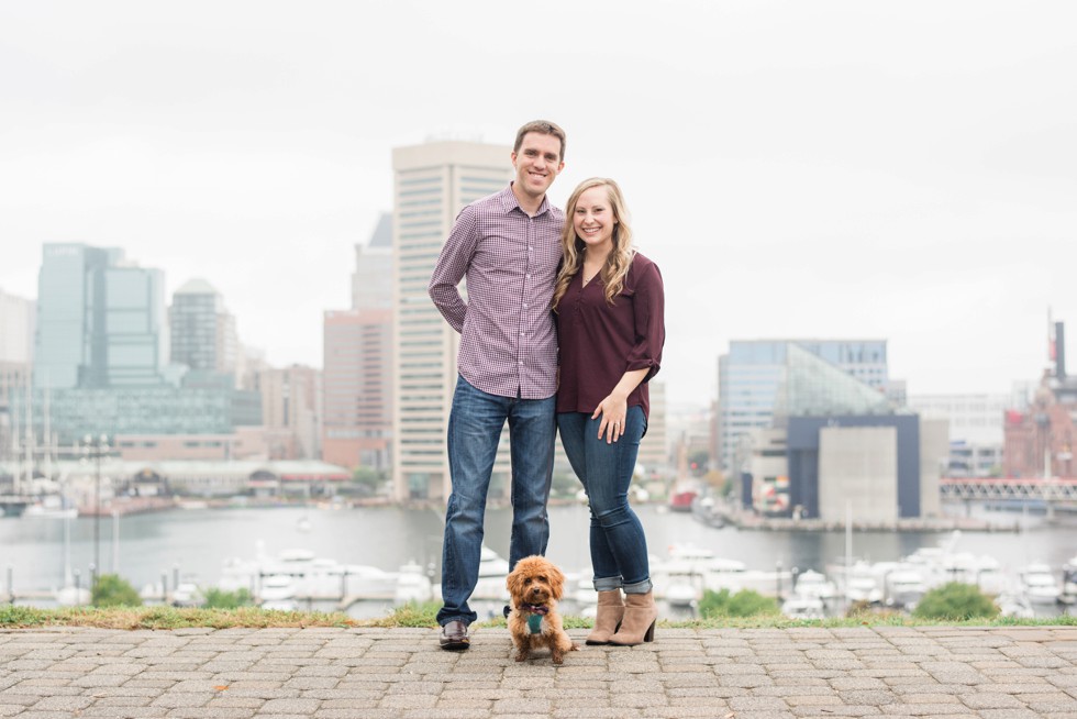 Maltipoo in a couple's Baltimore engagement photos on Federal Hill