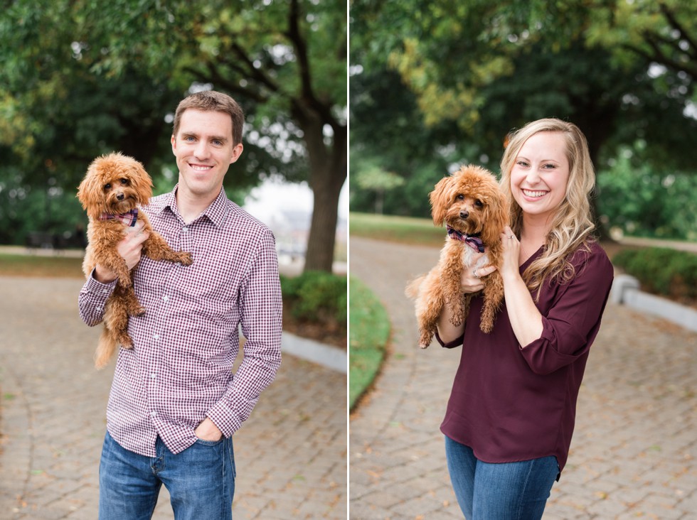 Maltipoo in a couple's Baltimore engagement photos on Federal Hill