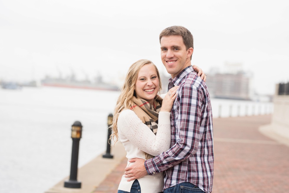 Fall outfits for engagement photos on Pier homes at Harborview