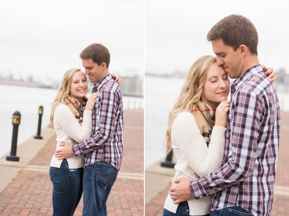 Burberry scarf and plaid mens shirt Fall outfits for engagement photos overlooking the harbor