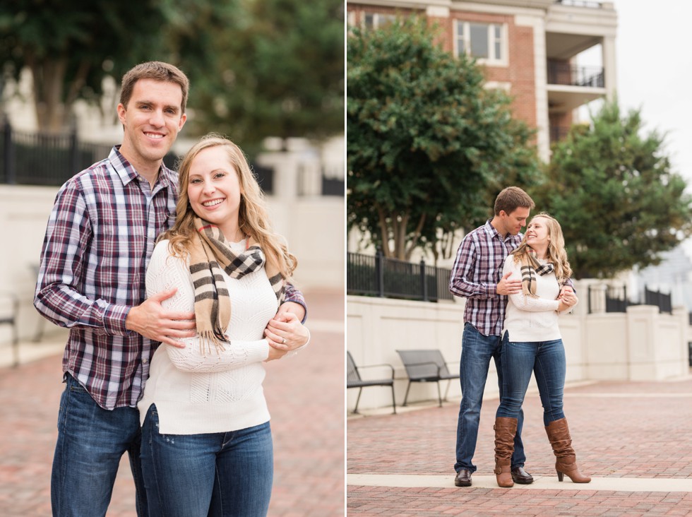 Burberry scarf and caramel womens boots with plaid mens shirt Fall outfits for engagement photos overlooking the harbor