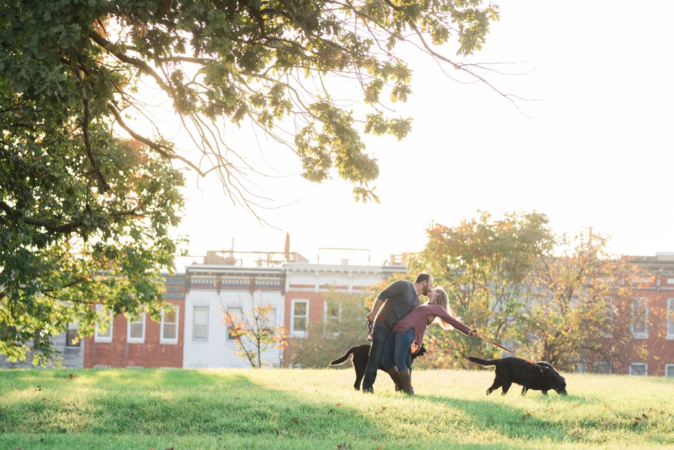 Patterson Park Pagoda Engagement photos with two black labs