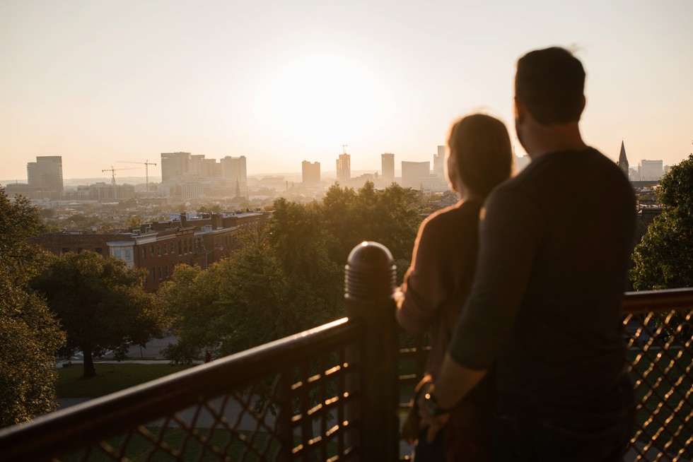 Engagement photos At the top of Patterson Park Pagoda overlooking Baltimore