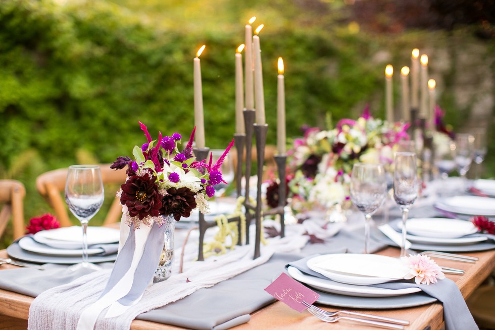 styled wedding reception candlelight styled wedding table at Holly Hedge Estate in New Hope PA