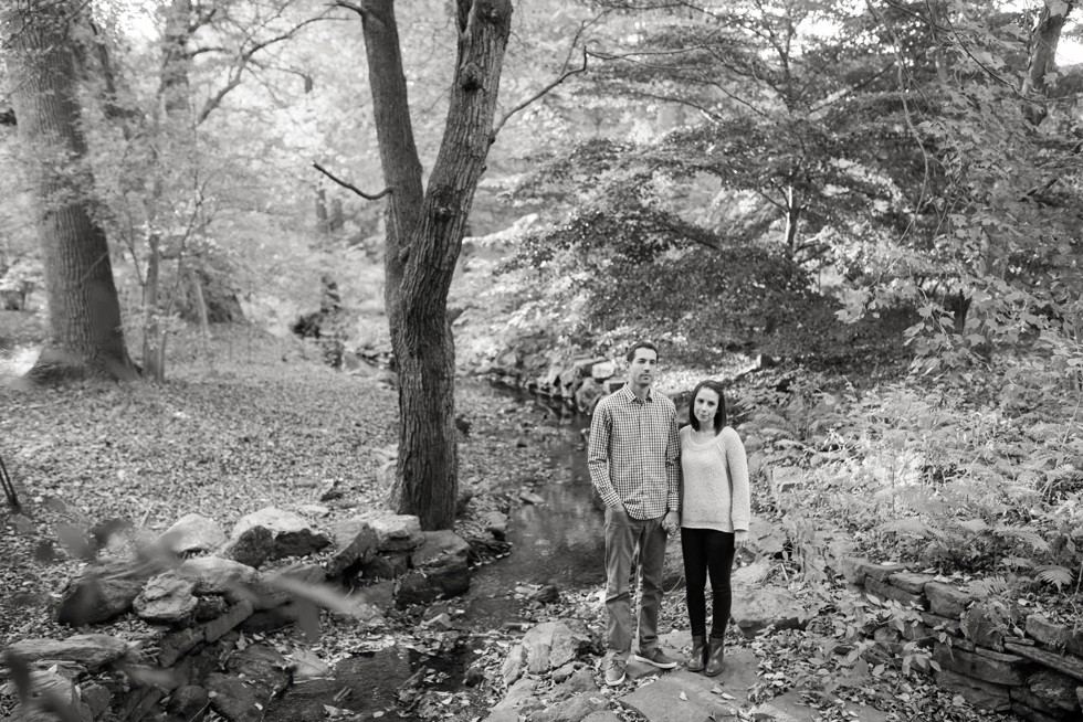 Log cabin at Morris Arboretum engagement photos