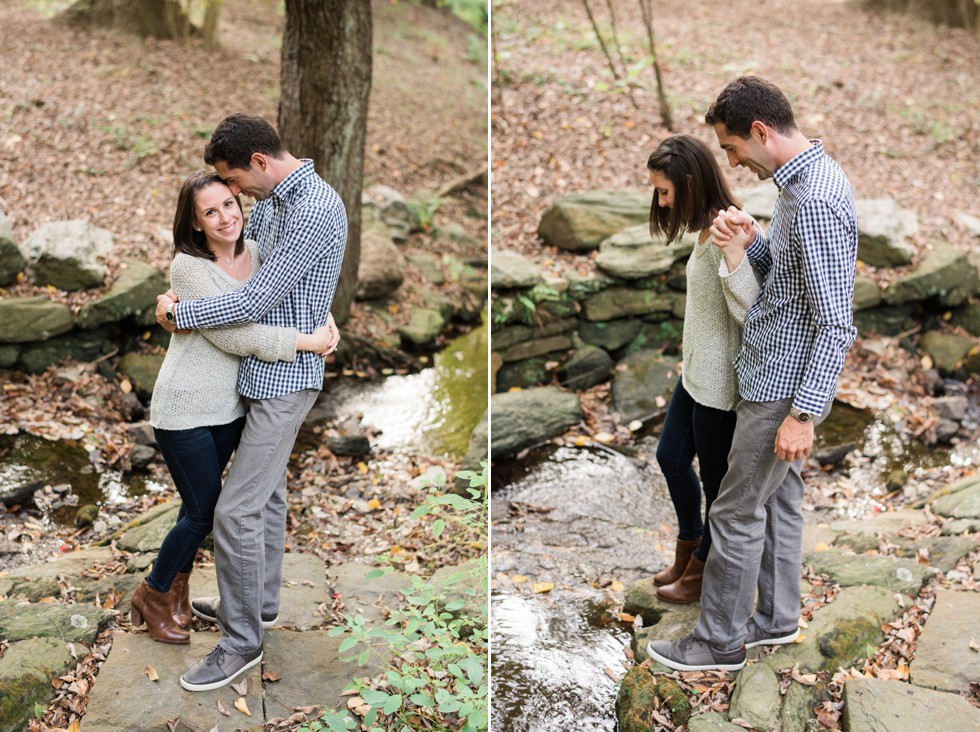 Wissahickon Creek engagement photos at Morris Arboretum