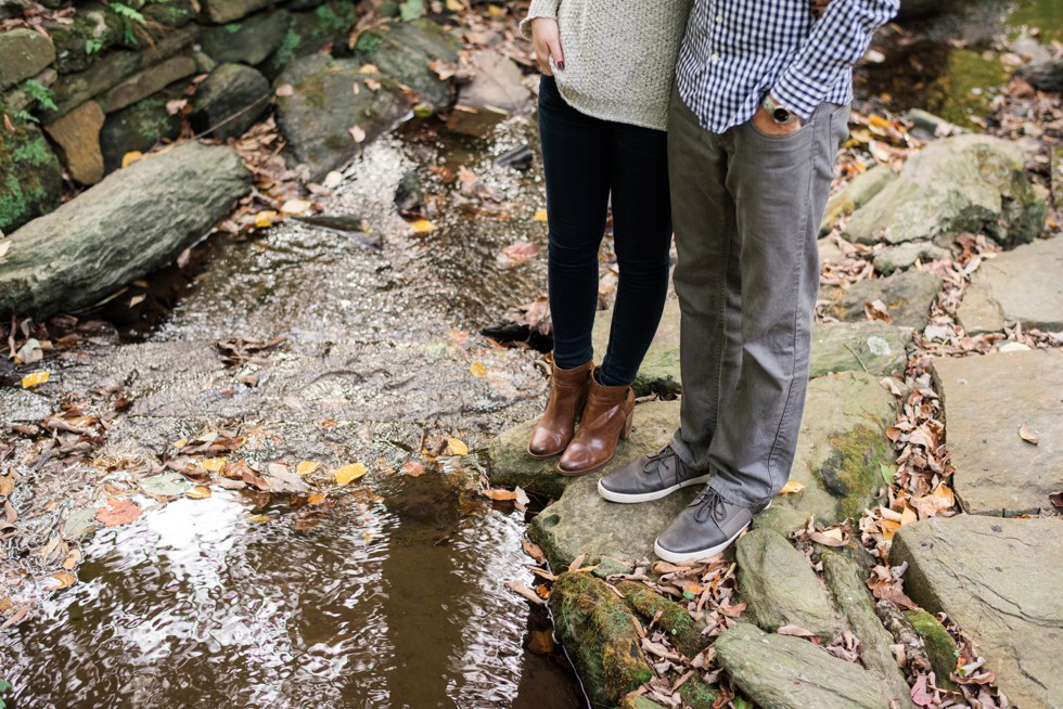 Wissahickon Creek engagement photos at Morris Arboretum