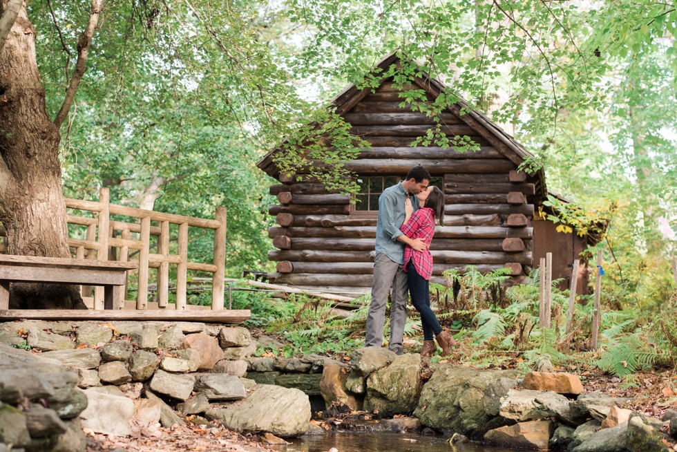 Log cabin at Morris Arboretum engagement photos