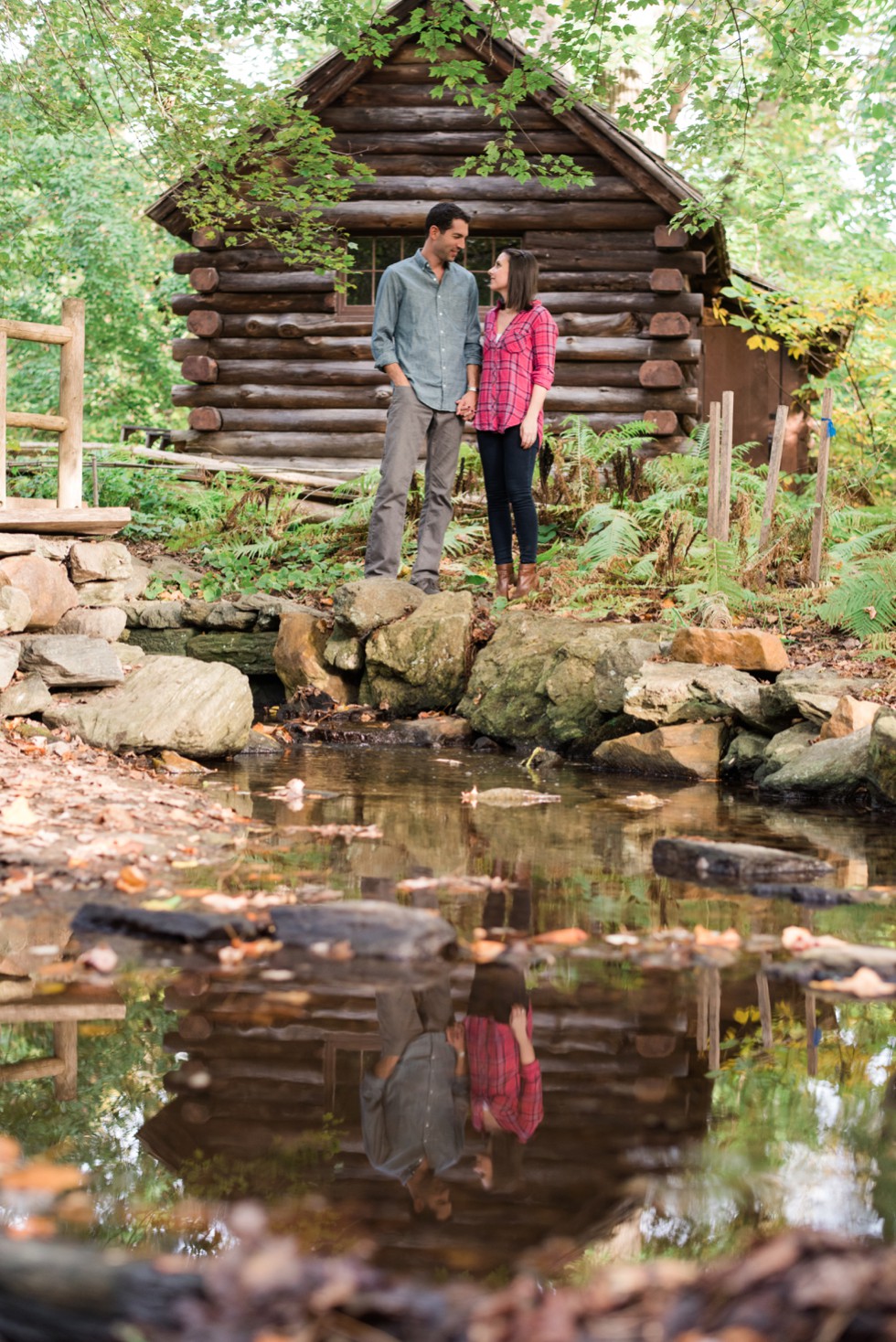 Log cabin at Morris Arboretum engagement photos