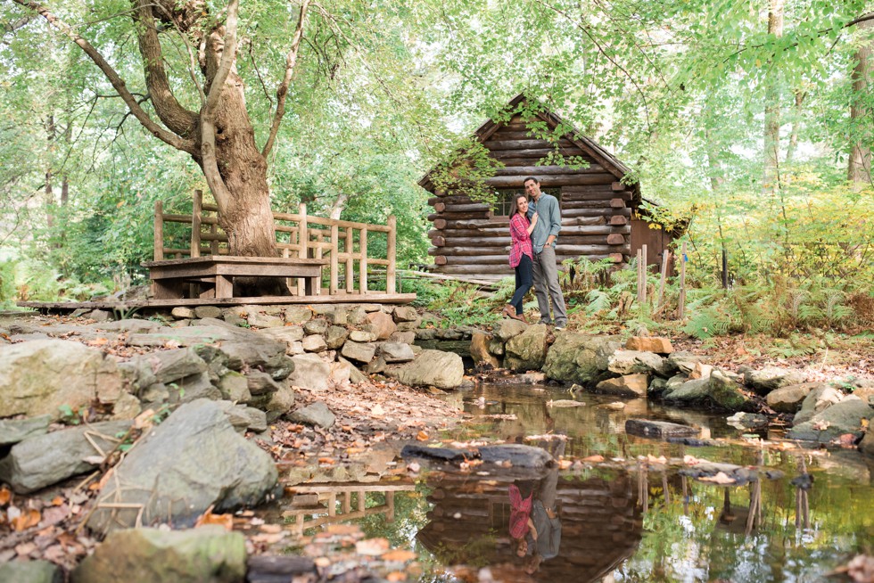 Log cabin at Morris Arboretum engagement photos