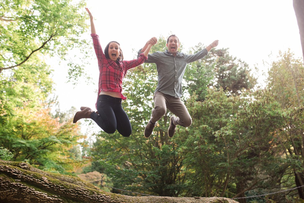 Jumping photo in English park at Morris Arboretum