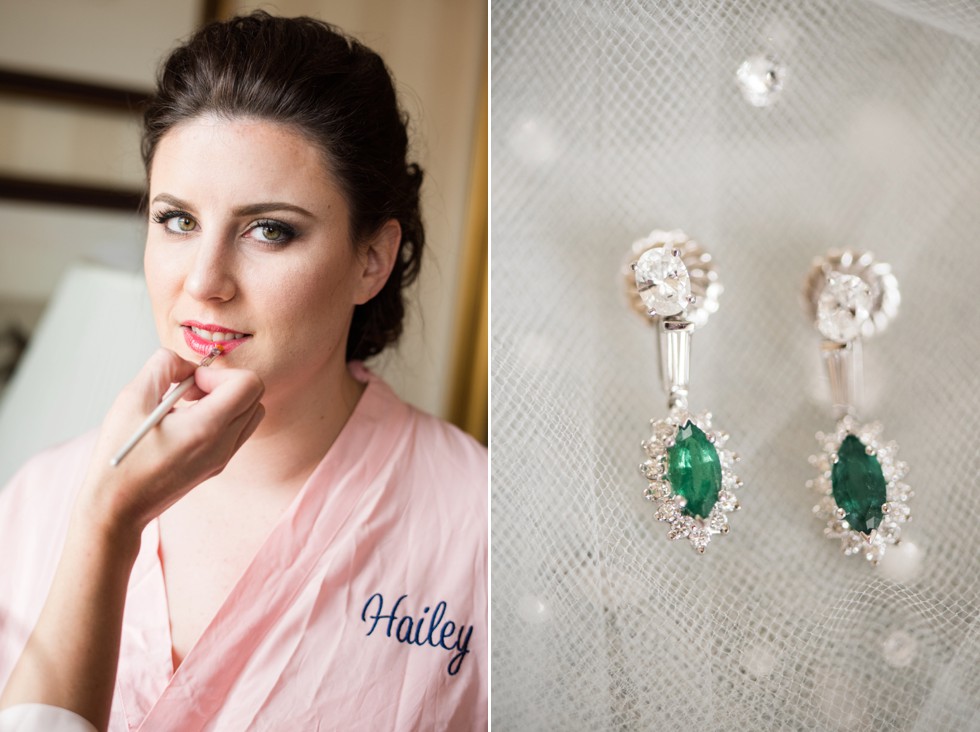 Bridal prep and emerald ear rings in DC wedding