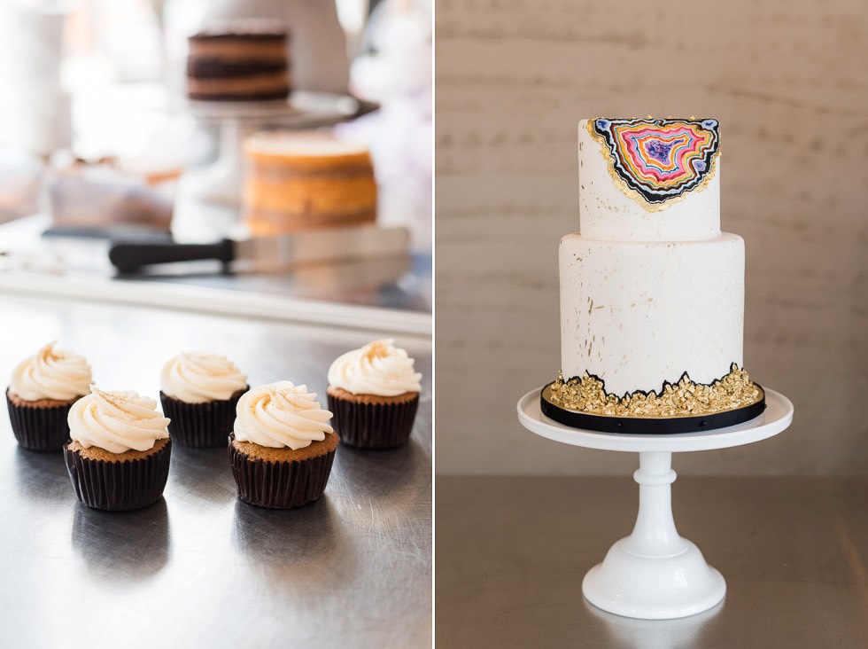 wedding cake and cupcakes