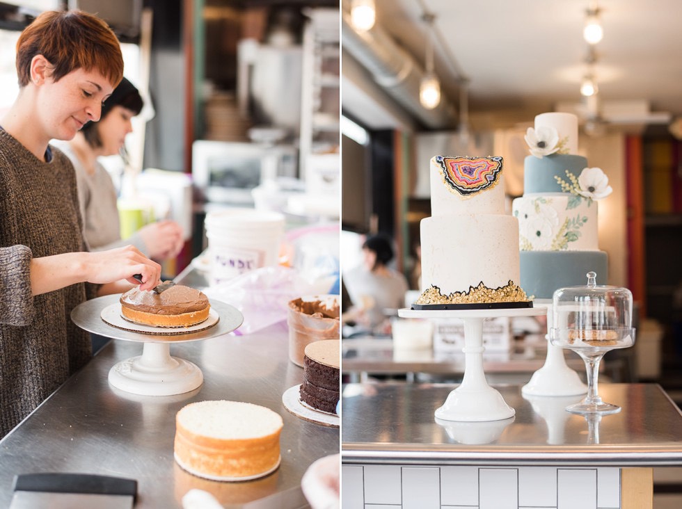 wedding cakes and customers in bakery