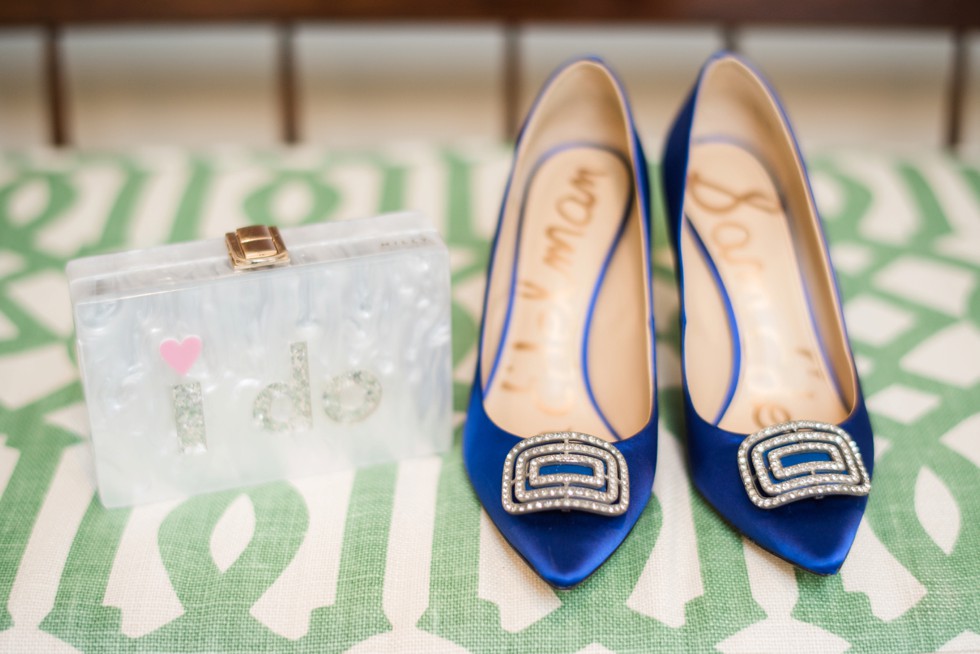 Sam Edelman blue bridal shoe with I Do clutch