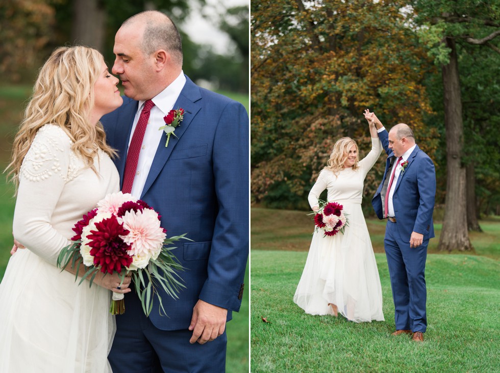 Jenny Yoo Dress and Ilonka Floral Design Dahlia bouquet