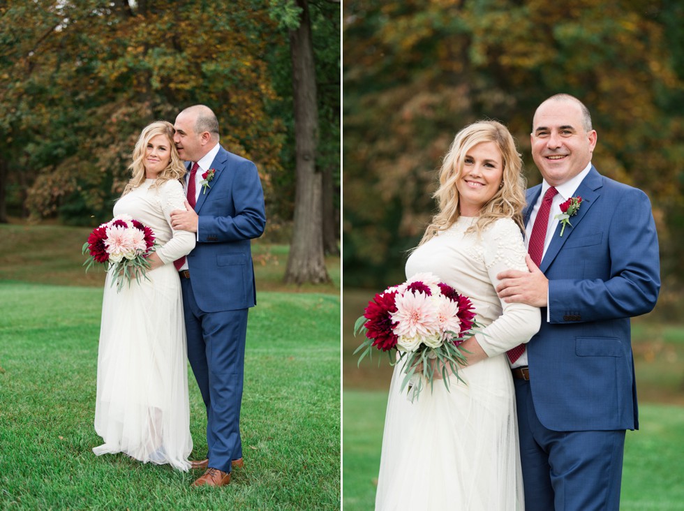 Jenny Yoo Dress and Ilonka Floral Design Dahlia bouquet