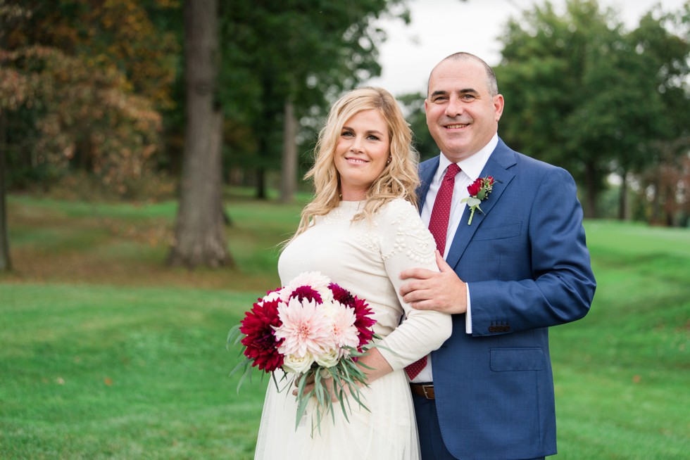 Jenny Yoo Dress and Ilonka Floral Design Dahlia bouquet