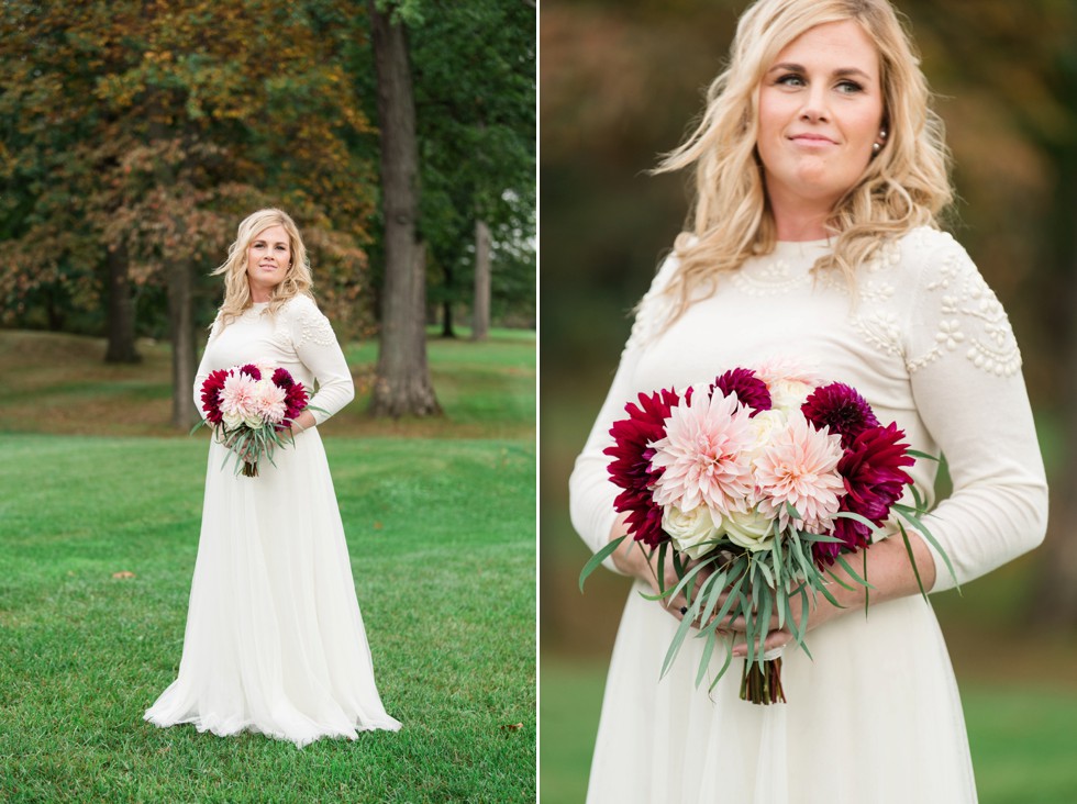 Jenny Yoo Dress and Ilonka Floral Design Dahlia bouquet