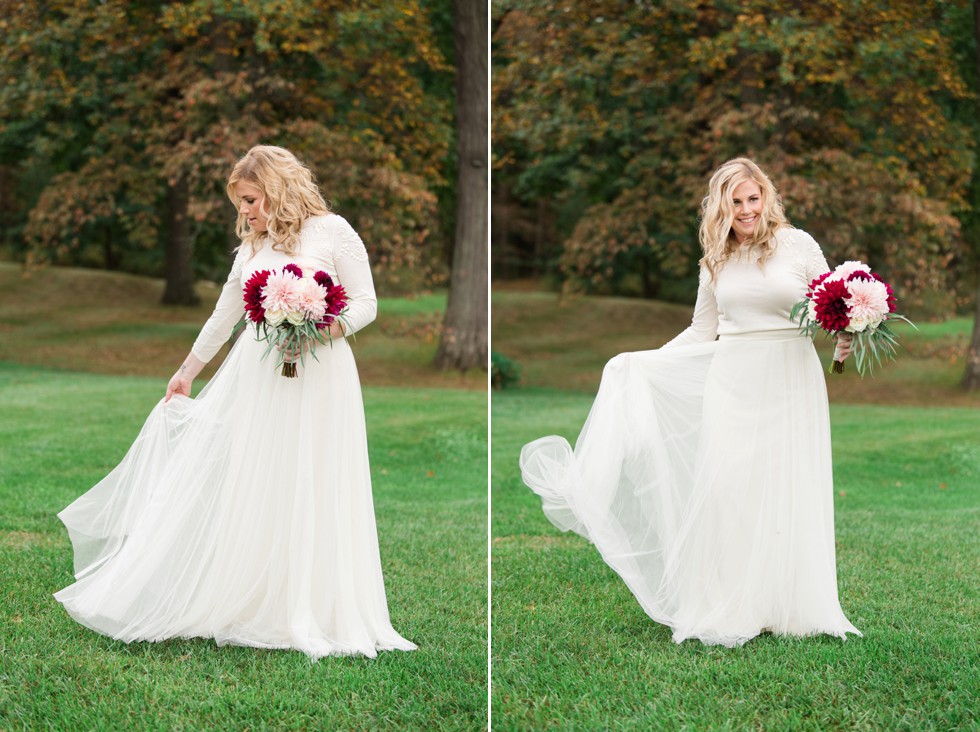 Jenny Yoo Dress and Ilonka Floral Design Dahlia bouquet