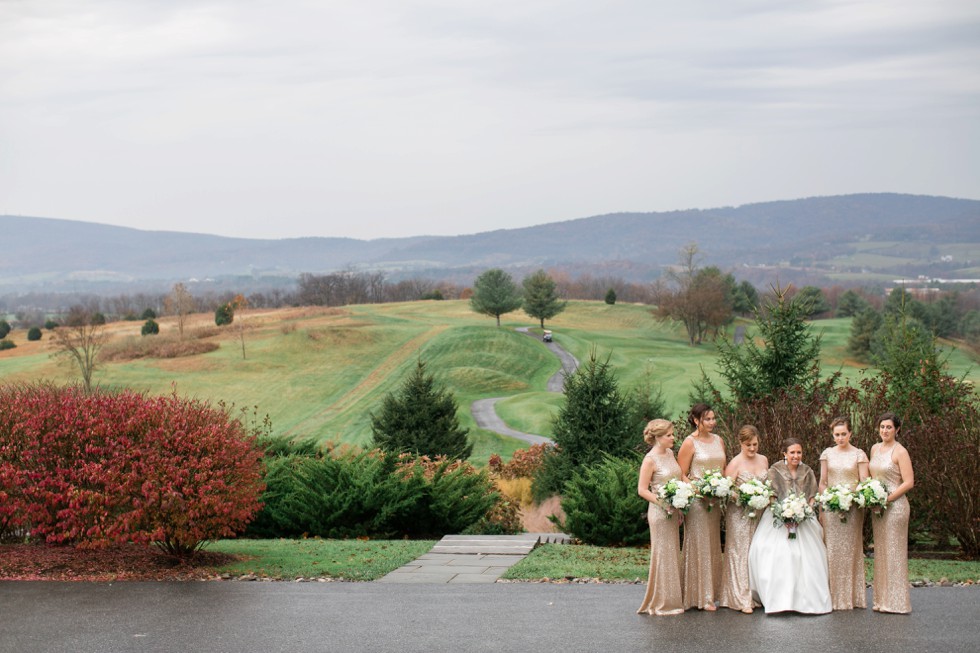 gold sequin bridesmaid dresses on a mountain