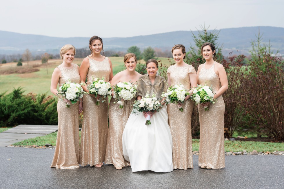 gold sequin bridesmaid dresses on a mountain