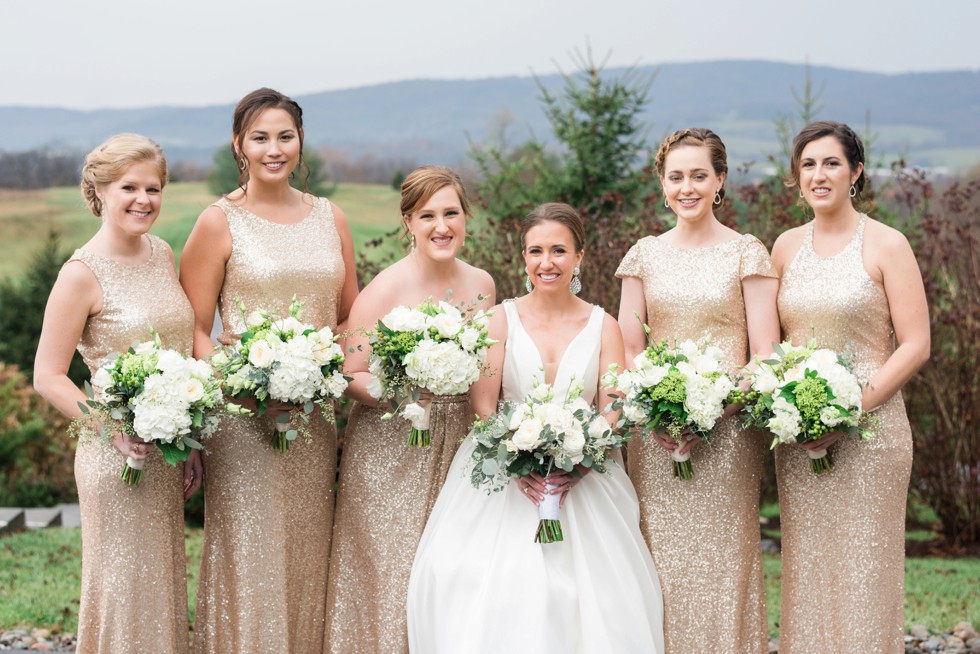 Pennsylvania Winter mountain wedding gold sequin bridesmaid dresses on a mountain