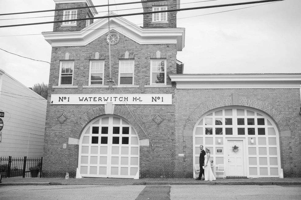 Old firehouse black and white wedding photo