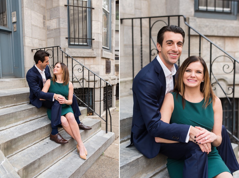 green women's dress and men's navy suit