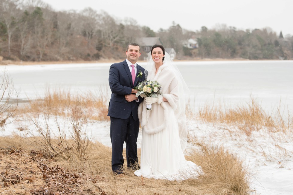 Waquoit Bay snow wedding photo on beach