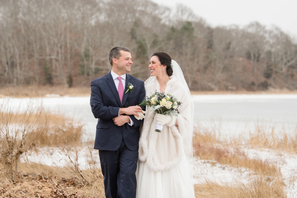 Waquoit Bay snow wedding photo on beach