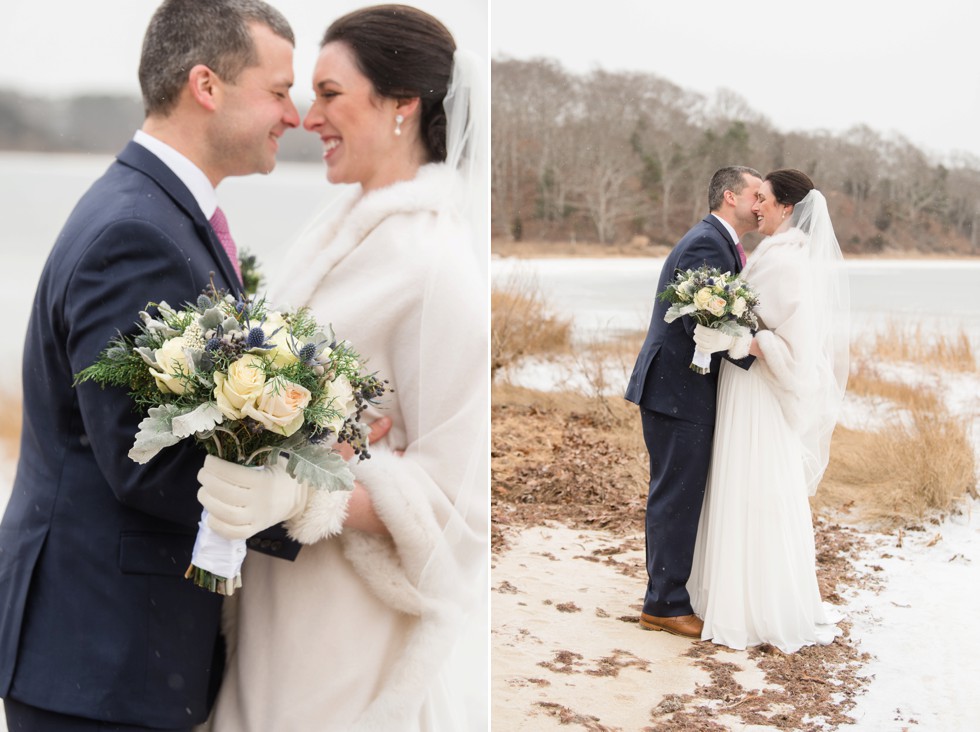 Waquoit Bay snow wedding photo on beach