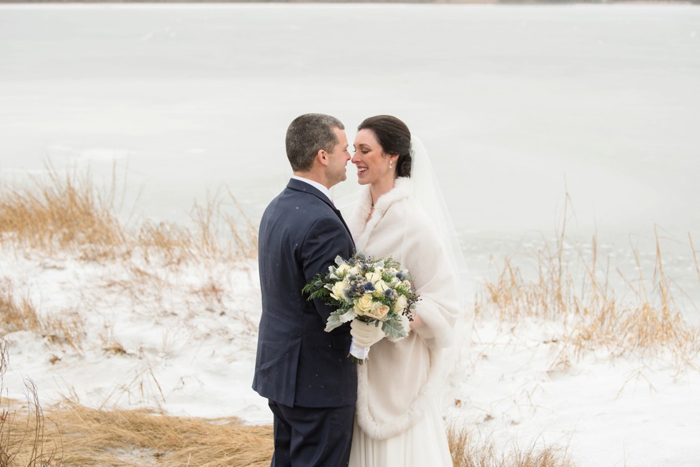 Waquoit Bay snow wedding couple on beach