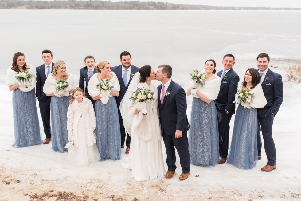 Snowy winter wedding party Waquoit Bay Cape Cod