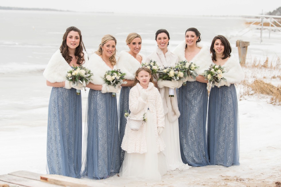 Snowy winter wedding party Waquoit Bay Cape Cod