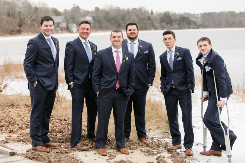 groomsmen Waquoit Bay Cape Cod winter wedding