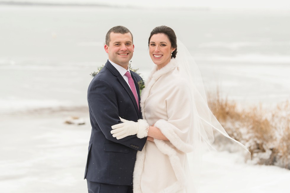 Waquoit Bay Cape Cod winter wedding on icy beach