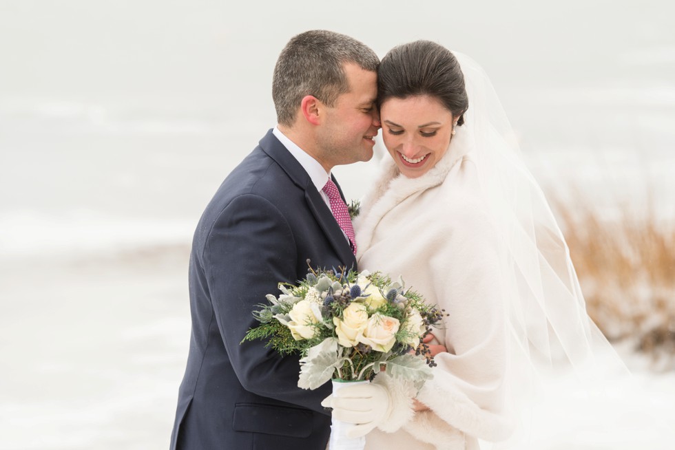 Waquoit Bay Cape Cod winter wedding on icy beach