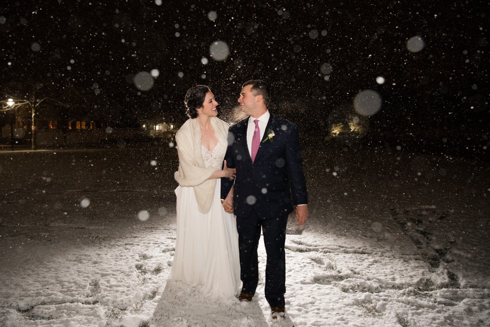 Cape Cod winter wedding photo in the snow