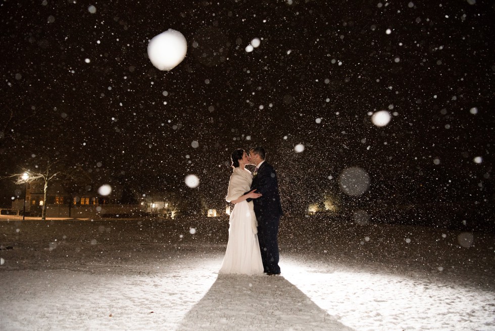 Cape Cod winter wedding photo in snow