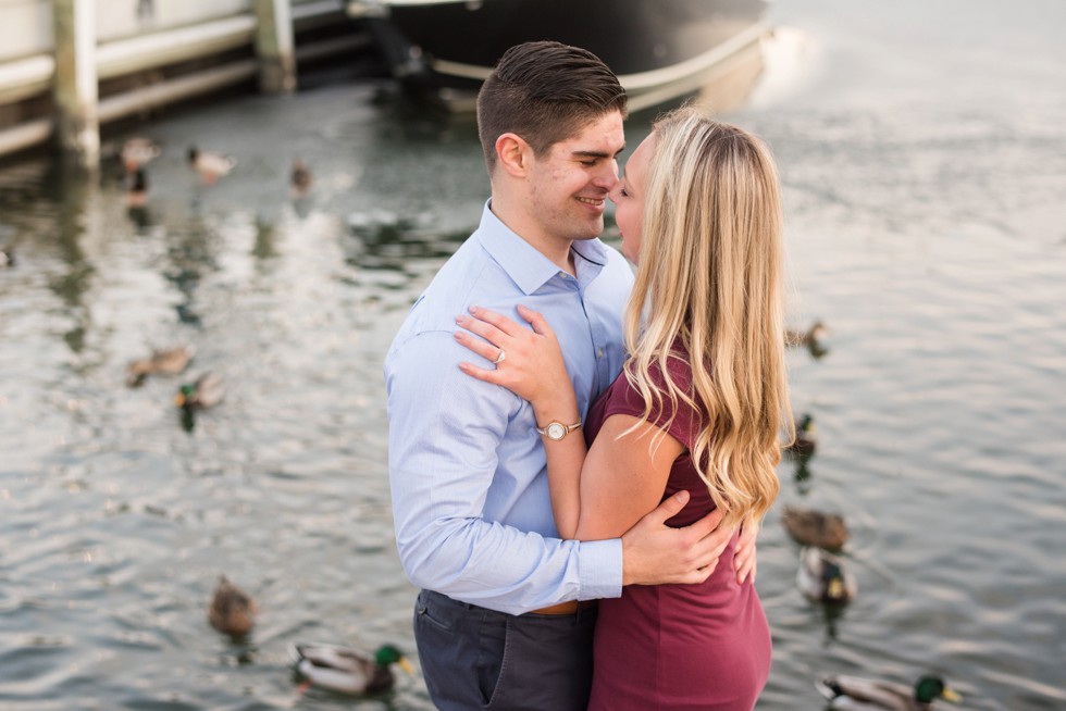 Annapolis harbor engagement photos with mallard ducks