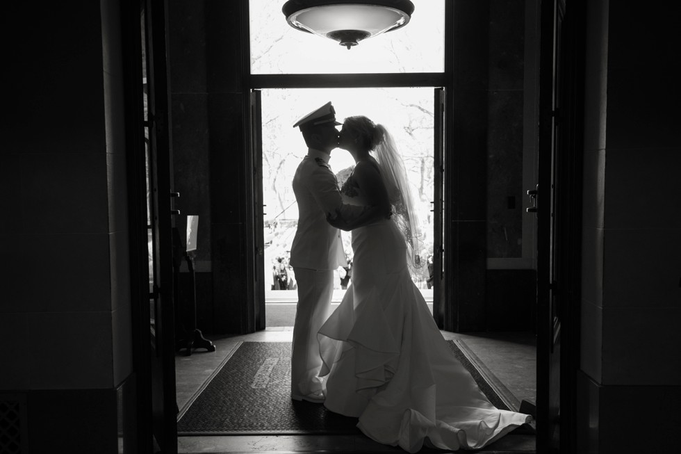 black and white silhouette bride and groom