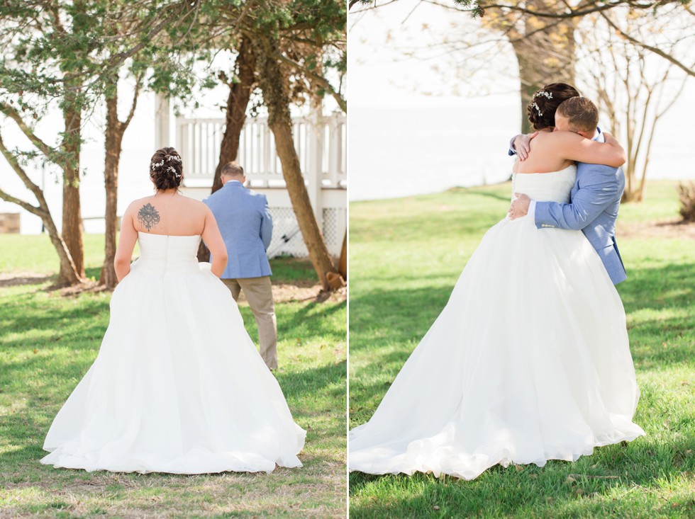 bride and groom in blue first look